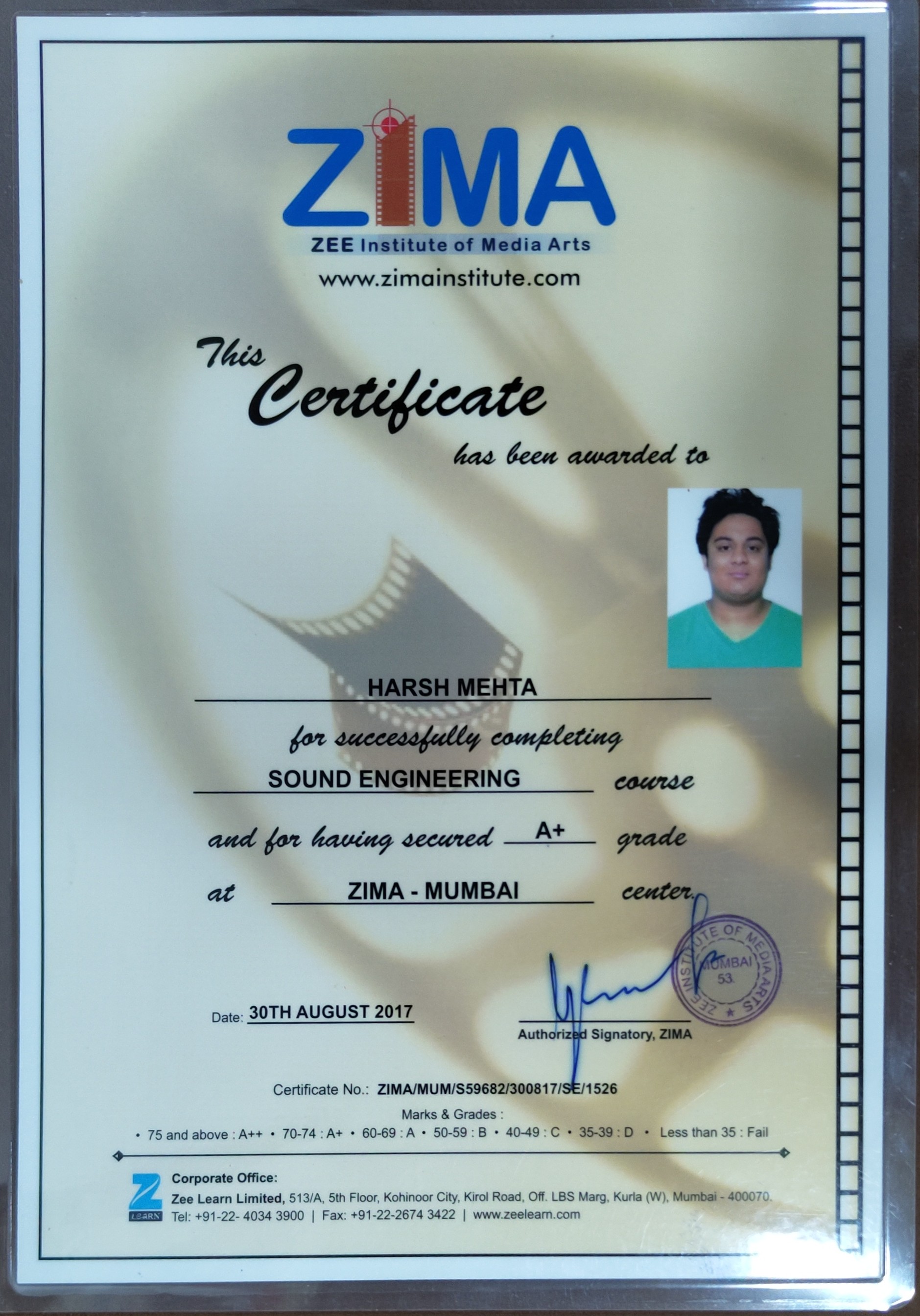 ZIMA Certificate
